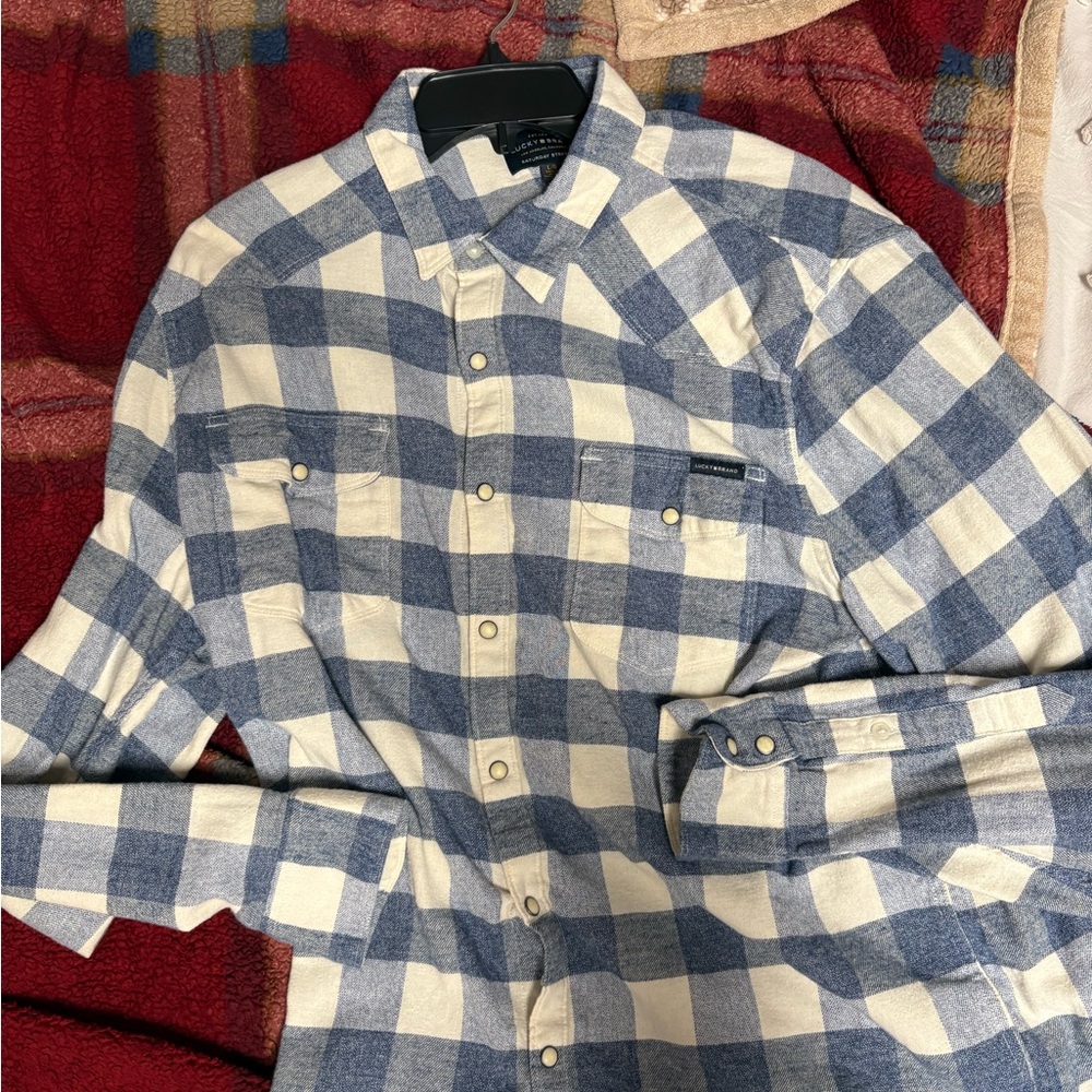 Lucky Brand Blue and Cream Plaid Men's Shirt